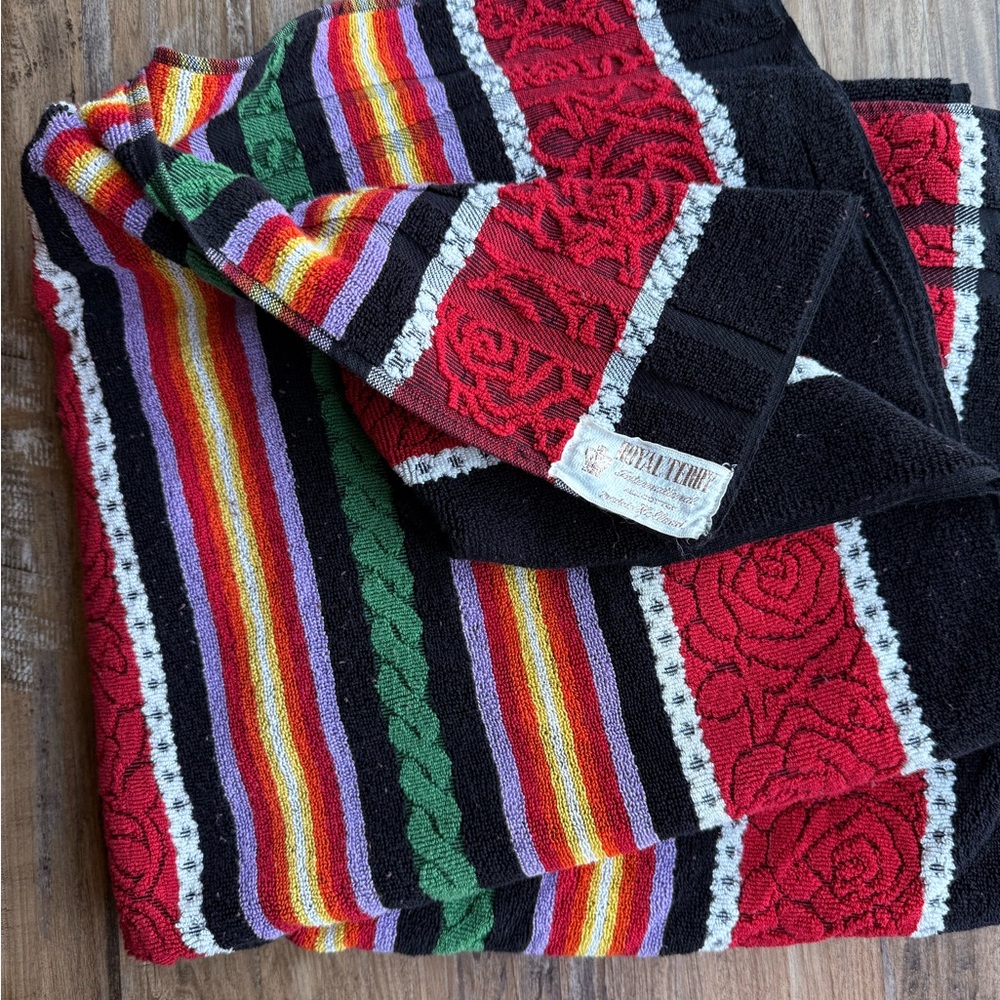 Vintage Royal Terry Holland Bath Towel Floral Stripe Mid Century Red Black 64x34